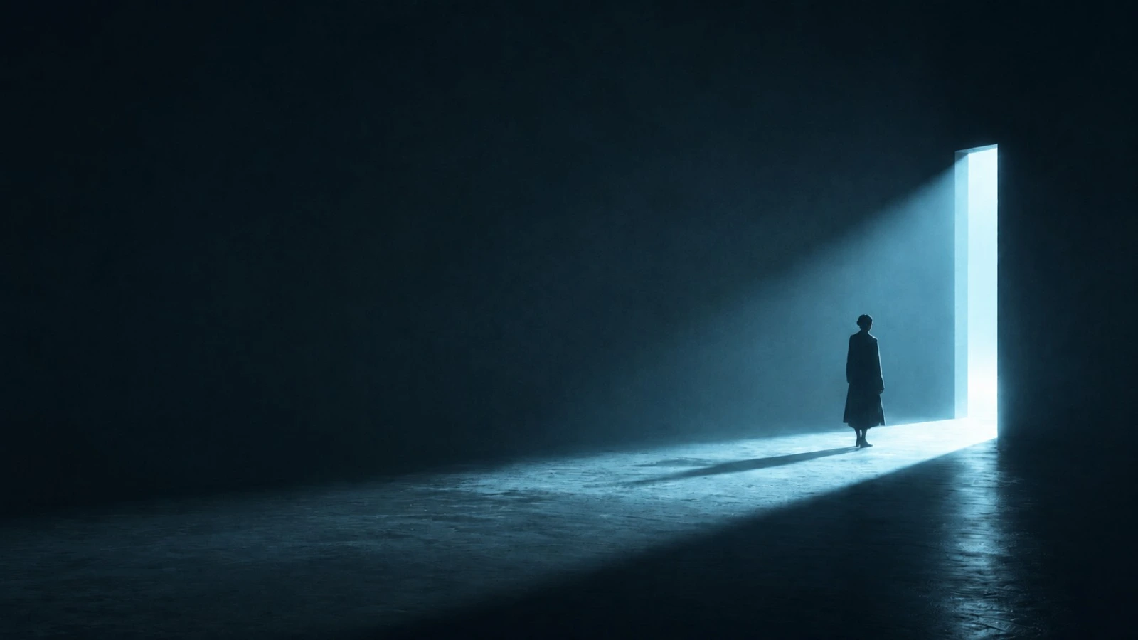 A figure walking towards a door of light